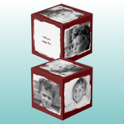 Add 4 images customize words burgundy white photo cube