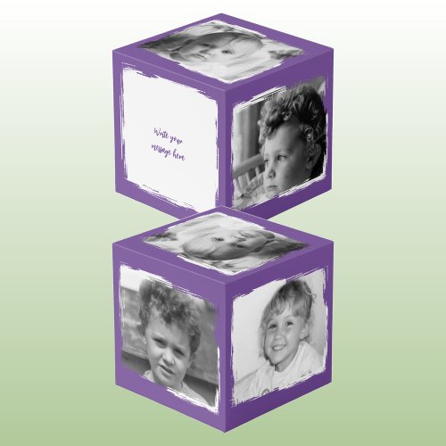 Add 4 images customize words purple white photo cube