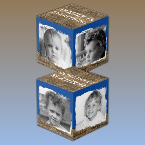 Add 4 images family rustic brown blue photo cube