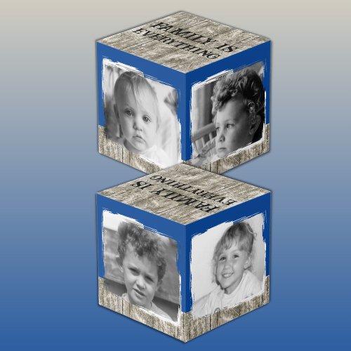 Add 4 images family rustic grey blue photo cube