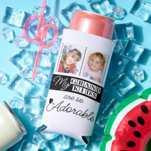 Add 4 photos adorable grandkids black seltzer can cooler