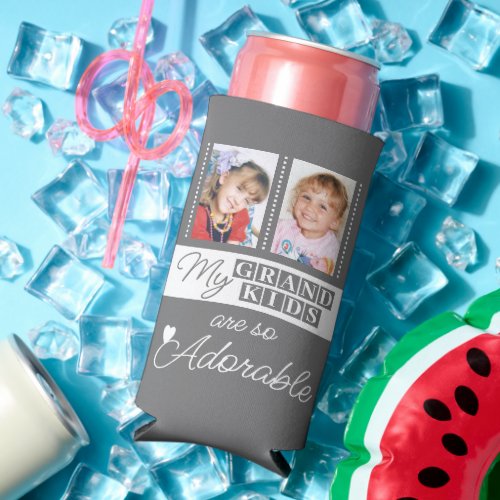 Add 4 photos adorable grandkids grey white seltzer can cooler