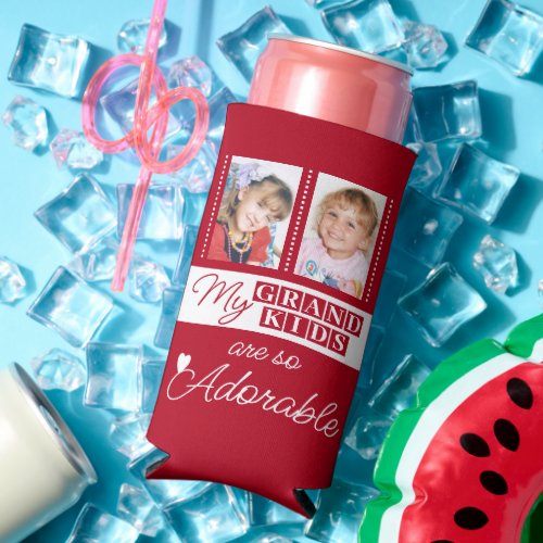 Add 4 photos adorable grandkids red white seltzer can cooler