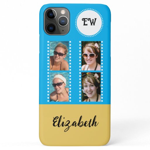 Add 4 photos initials name yellow and blue iPhone 11 pro max case