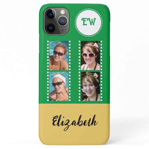 Add 4 photos initials name yellow and green iPhone 11 pro max case