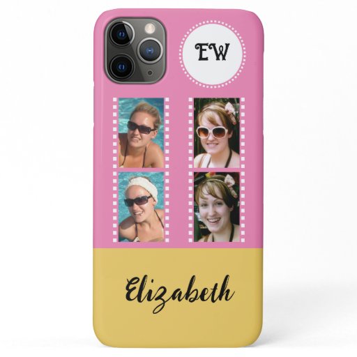 Add 4 photos initials name yellow and pink iPhone 11 pro max case