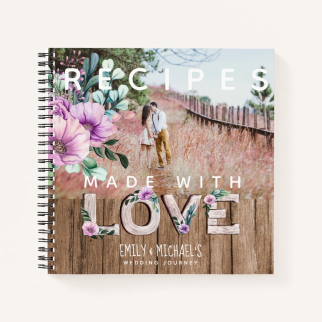 Add 4 PHOTOS Rustic Flower NEWLYWEDS WEDDING Notebook (Front)