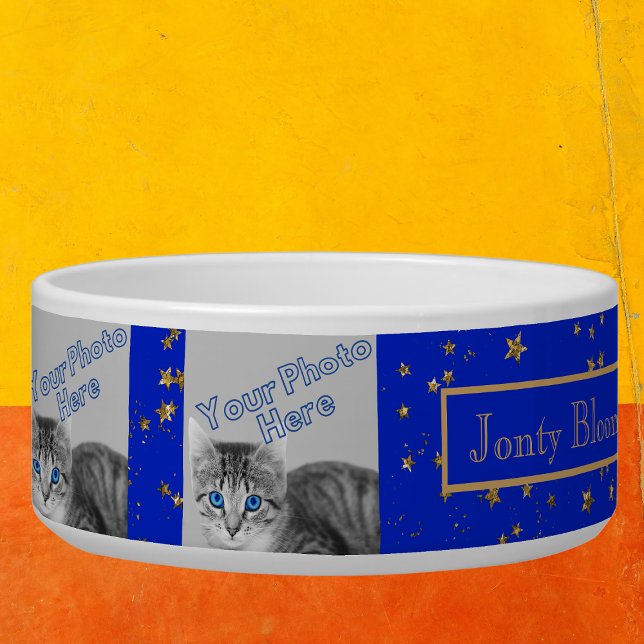 Add 6 Photos & Pet Name Blue Gold Pet Bowl (Creator Uploaded)