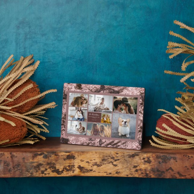 Add 8 Photos Rose Gold Texture Floral Pattern Plaque (Side)