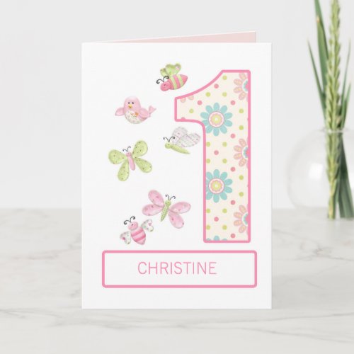 Add a Name 1st Birthday with Bugs and Butterflies Card