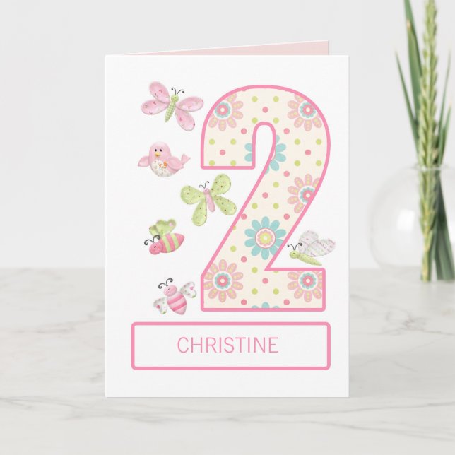Add a Name, 2nd Birthday with Bugs and Butterflies Card (Front)