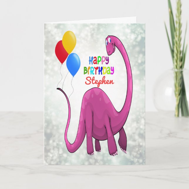 Add a Name Birthday Dinosaur and Ballons Card (Front)