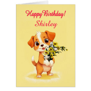 Add A Name Birthday Puppy and Flowers  Cards