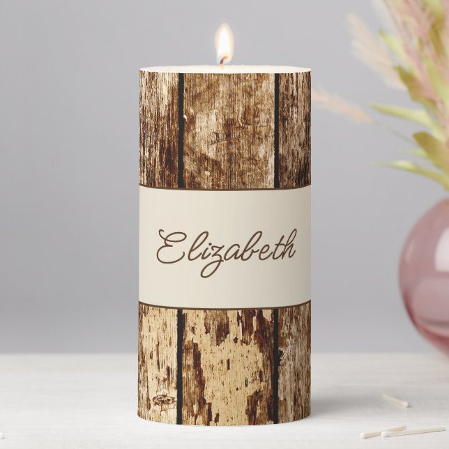 Add a name brown rustic faux wood personalized pillar candle (In Situ)
