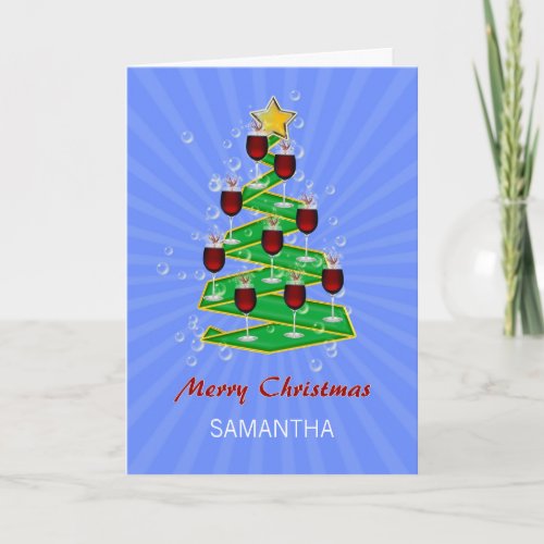 Add a name Christmas Tree with Wine Holiday Card