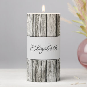 Add a name grey rustic faux wood personalized pillar candle