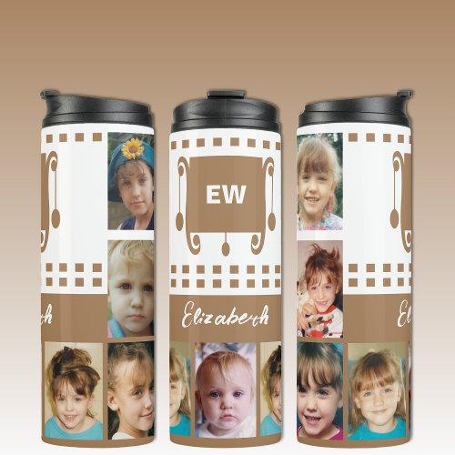 Add a name initials photo collage white brown thermal tumbler