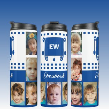 Add A Name Initials Photo Collage White Deep Blue Thermal Tumbler by LynnroseDesigns at Zazzle
