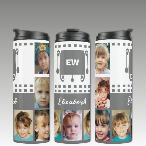 Add a name initials photo collage white grey thermal tumbler