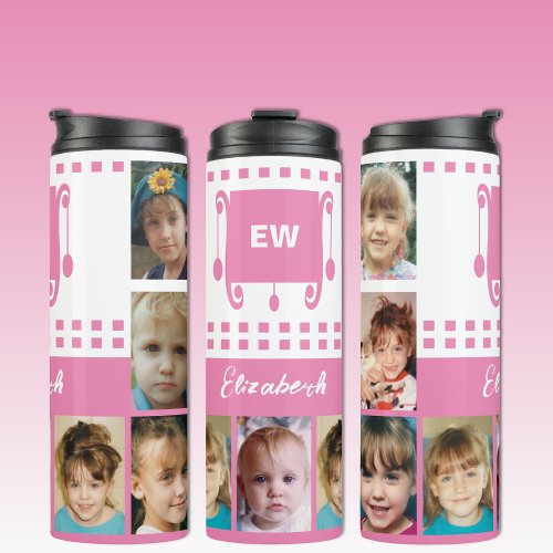 Add a name initials photo collage white pink thermal tumbler