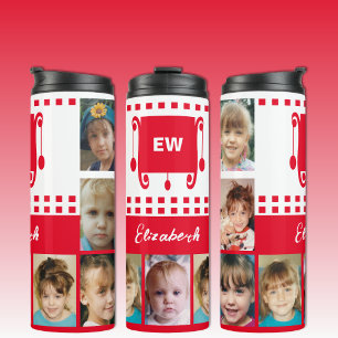 Add a name initials photo collage white red thermal tumbler