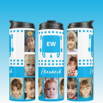 Add A Name Initials Photo Collage White Sky Blue Thermal Tumbler by LynnroseDesigns at Zazzle