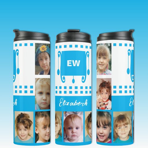 Add a name initials photo collage white sky blue thermal tumbler