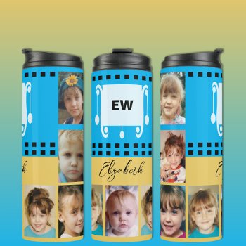 Add A Name Initials Photo Collage Yellow Sky Blue Thermal Tumbler by LynnroseDesigns at Zazzle