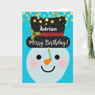 Add a Name Merry Birthday Cute Cute Snowman Card