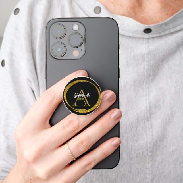 Add A Name Monogram Gold Black Oval PopSocket (Hand)