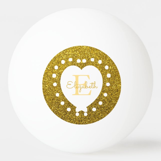 Add A Name Monogram Gold Glitter White Heart Ping Pong Ball (Back)
