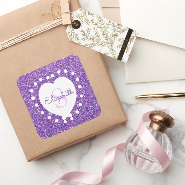 Add A Name Monogram Purple Glitter White Heart Square Sticker (Gifting)