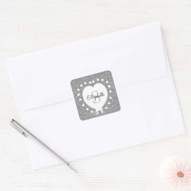 Add A Name Monogram Silver Glitter White Heart Square Sticker (Envelope)
