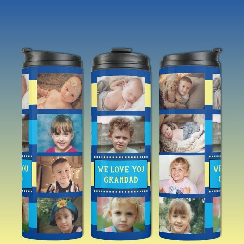 Add a name photo collage we love you yellow blue thermal tumbler