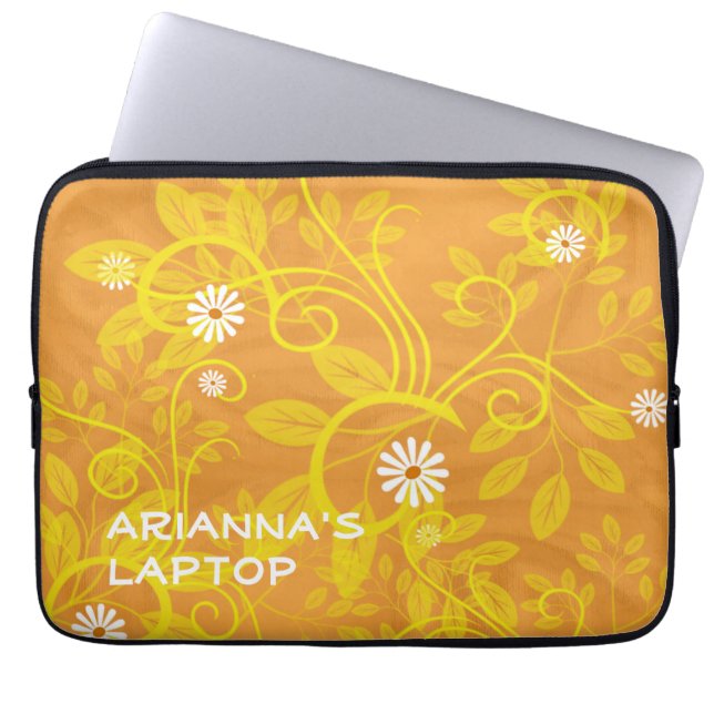 Add A Name Retro White Daisies Yellow Flourishes Laptop Sleeve (Front)