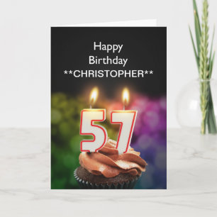 Add a name to this 57th birthday card candles