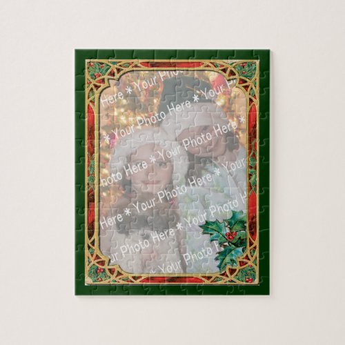 Add_A_Photo Stained Glass Frame with Holly Leaves Jigsaw Puzzle