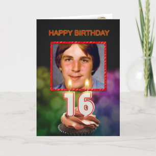 Add a picture, 16th Birthday with cake and candles Card