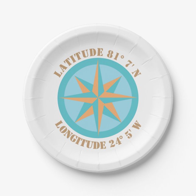 Add any Latitude Longitude Compass Rose Nautical Paper Plates (Front)