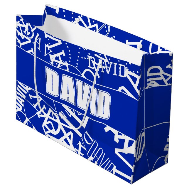 Add any name, name collage In blue & white Large Gift Bag (Front Angled)