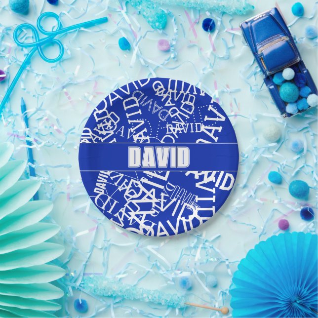 Add any name, name collage In blue & white Paper Plates (Party)