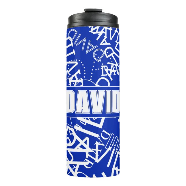 Add any name, name collage In blue & white Thermal Tumbler (Front)