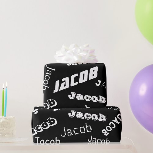 Add Any Name or Word  Black  White Wrapping Paper
