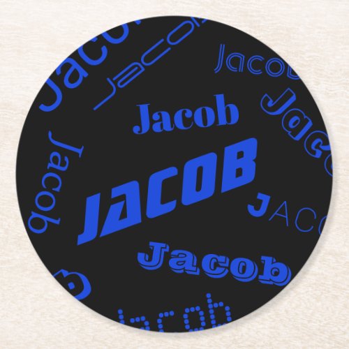 Add Any Name or Word  Blue  Black Round Paper Coaster
