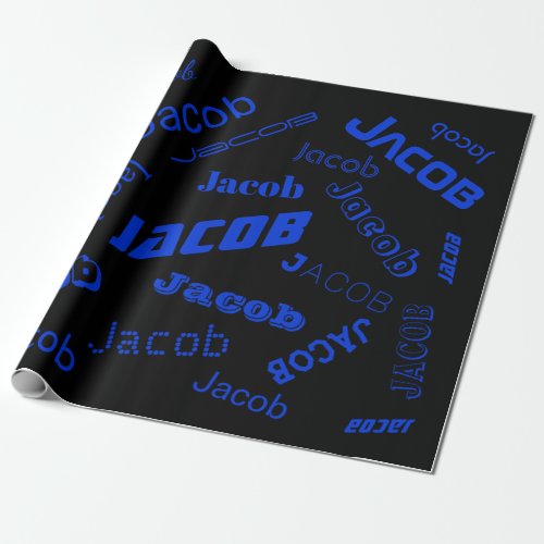 Add Any Name or Word  Blue  Black Wrapping Paper