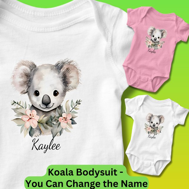 Add Baby Name, Baby Koala with Flowers Bodysuit (Koala One-Piece Bodysuit for Baby - Use the Vivid Printing Option when ordering a color bodysuit.)