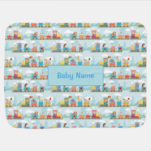 Add Baby Name Steam Trains with Animals Toy Trains Baby Blanket (Horizontal)