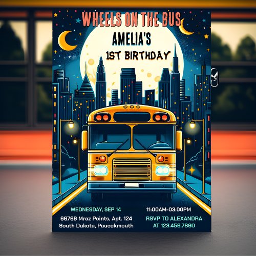 Add Boy Cute Girl Tour City Party Bus 1st Birthday Invitation