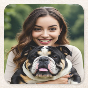 Add Bulldog Photo Personalize Customize Square Paper Coaster