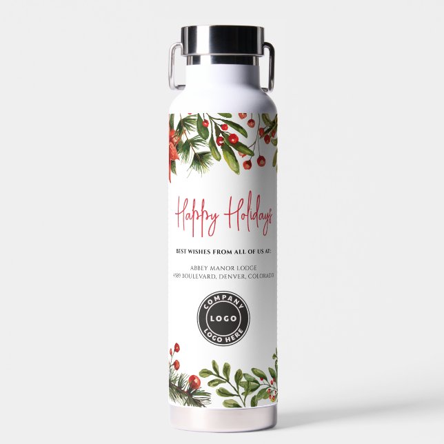 Add Business Logo and Address Christmas Holidays Water Bottle (Front)